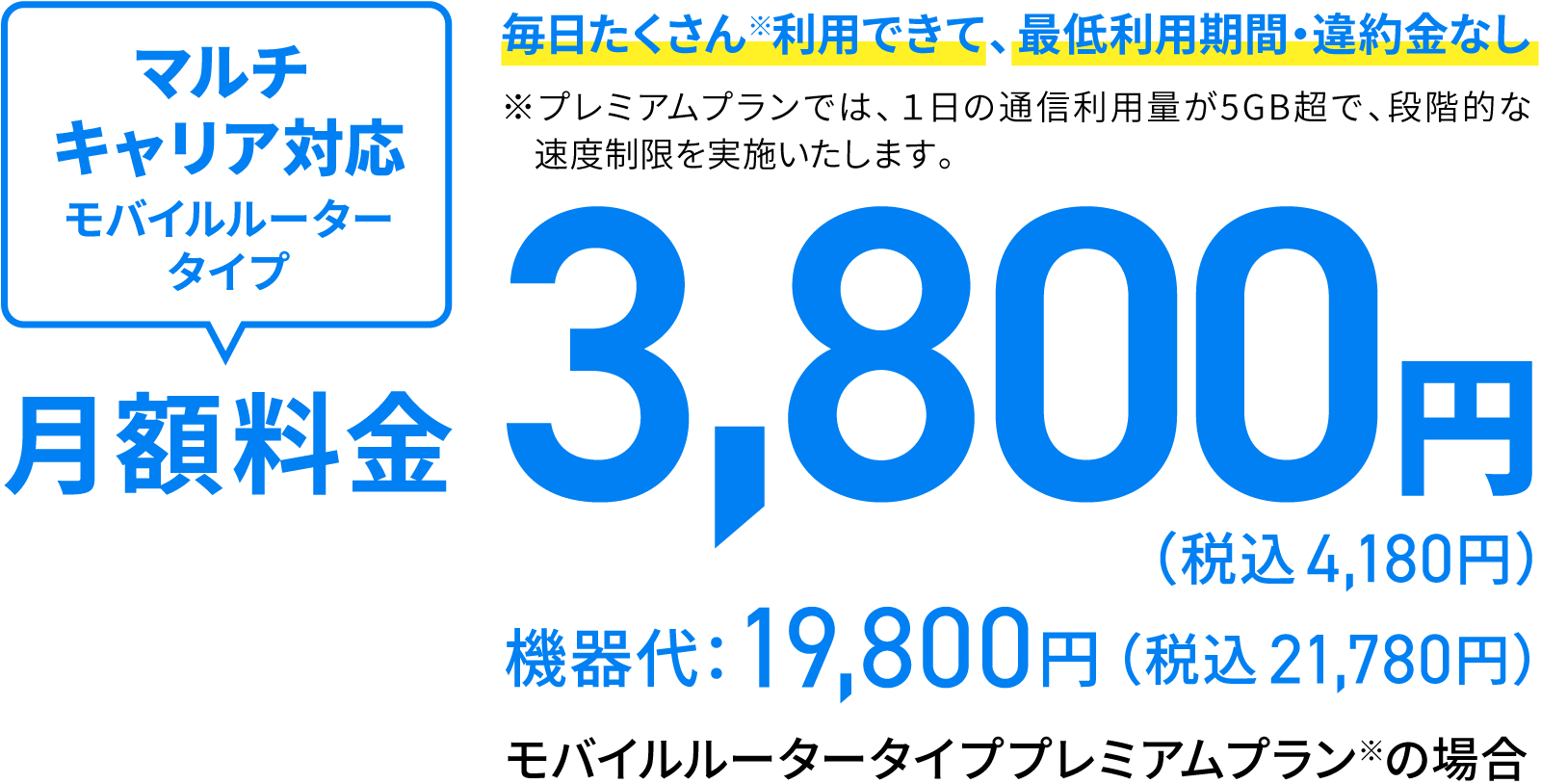 マルチキャリア対応 モバイルルータータイプ 月学料金3,800円